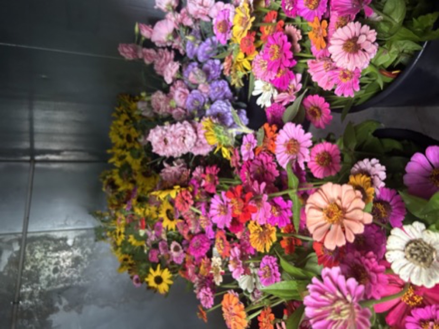 Colorful harvest bouquet of zinnias and sunflowers from Urban Sprout Farms